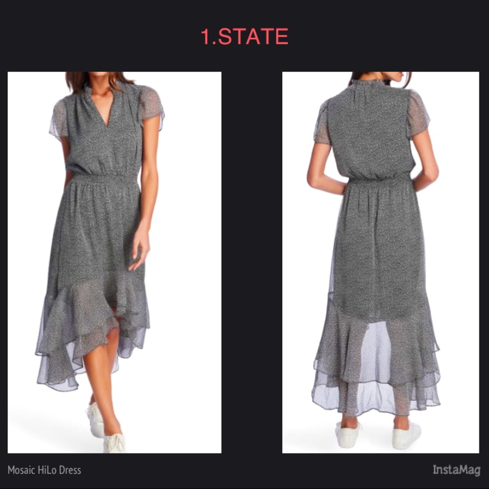 1.STATE Mosaic Ditsy Split Collar Hi Lo Dress
